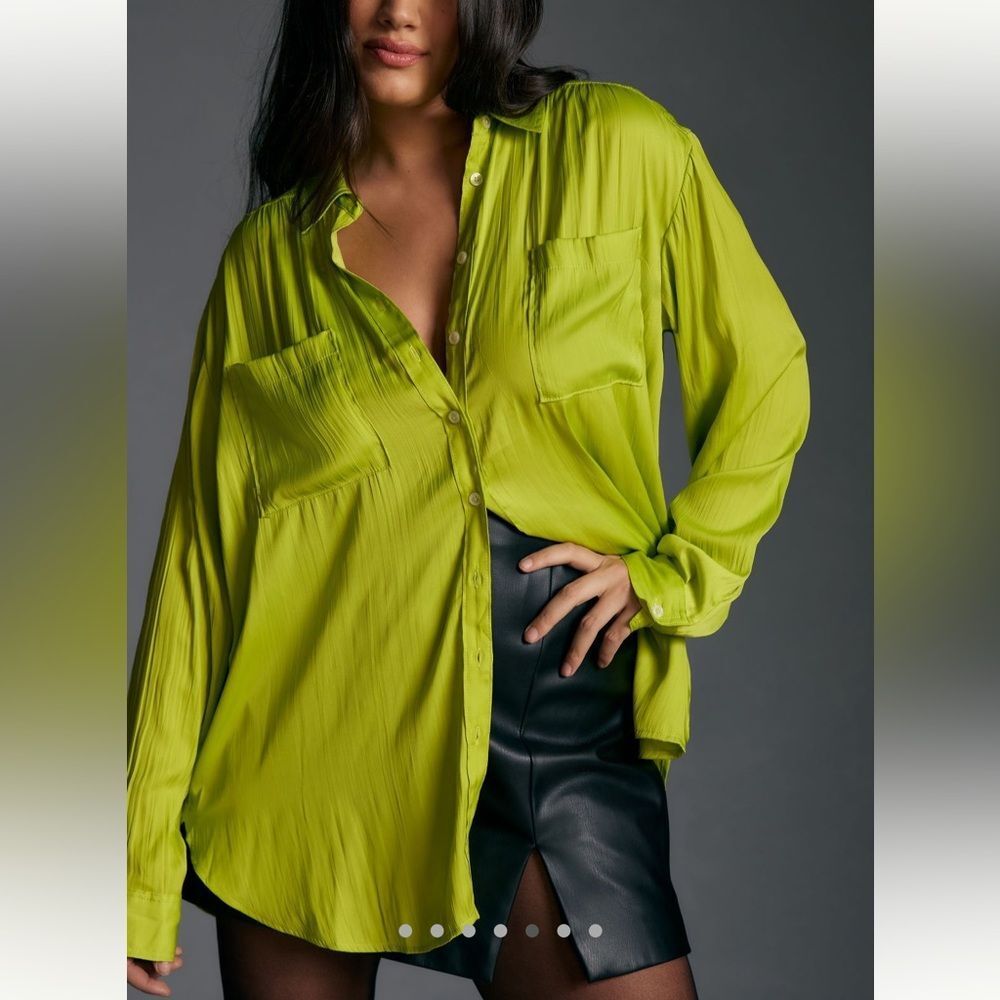 Anthropologie Chartreuse Button-Down Satin Blouse